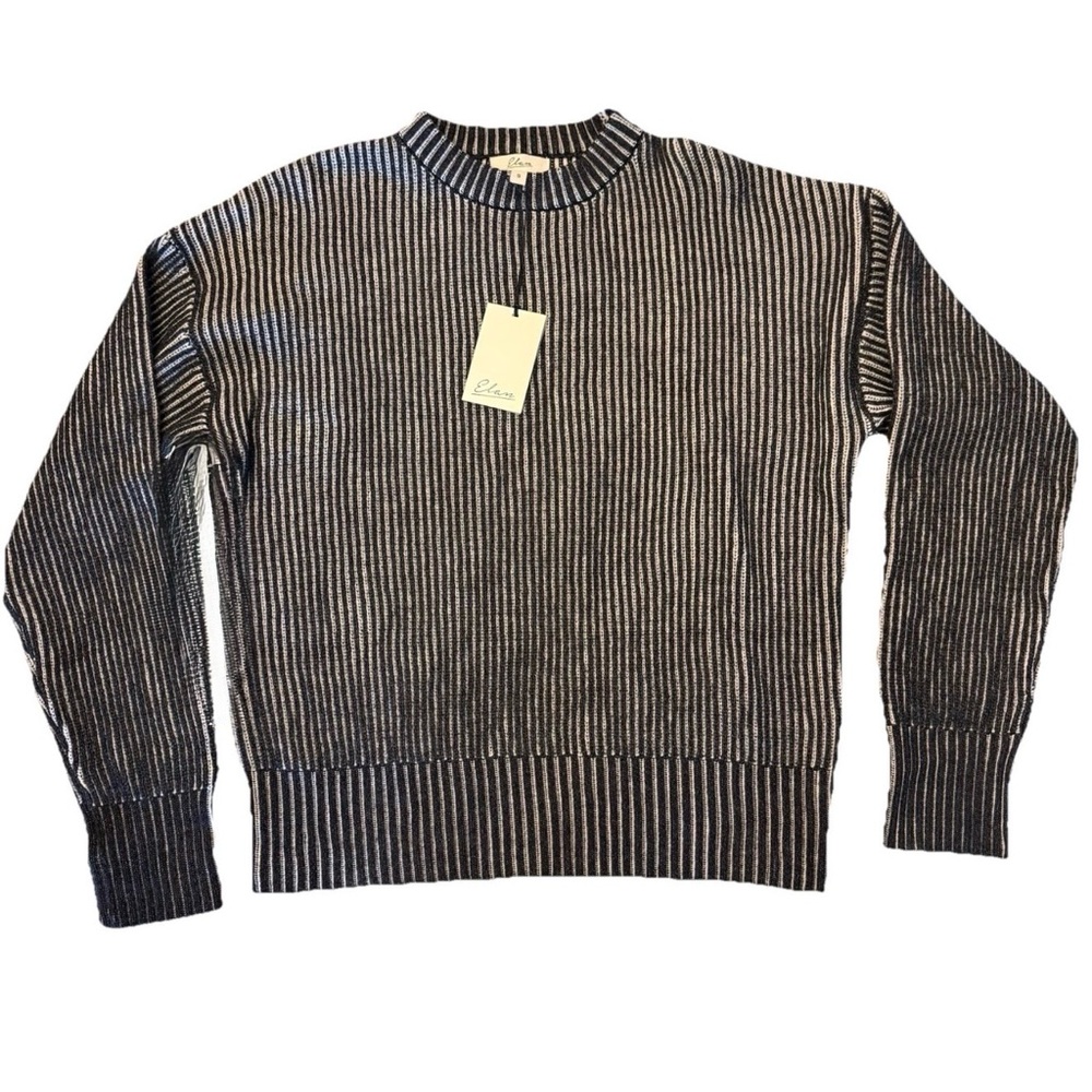 Elan Men’s Black and Cream Striped Ultra soft Crew Neck Long Sleeve Sweater NWT